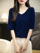 Women's V-Neck Tops 100% Merino Wool Spring Fall Winter First-Line Ready to Wear Seamless New Knit T Shirt Short Sleeve Sweater