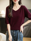 Women's V-Neck Tops 100% Merino Wool Spring Fall Winter First-Line Ready to Wear Seamless New Knit T Shirt Short Sleeve Sweater