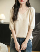 Women's V-Neck Tops 100% Merino Wool Spring Fall Winter First-Line Ready to Wear Seamless New Knit T Shirt Short Sleeve Sweater