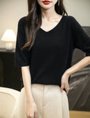 Women's V-Neck Tops 100% Merino Wool Spring Fall Winter First-Line Ready to Wear Seamless New Knit T Shirt Short Sleeve Sweater