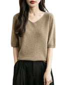 Women's V-Neck Tops 100% Merino Wool Spring Fall Winter First-Line Ready to Wear Seamless New Knit T Shirt Short Sleeve Sweater