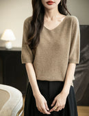 Women's V-Neck Tops 100% Merino Wool Spring Fall Winter First-Line Ready to Wear Seamless New Knit T Shirt Short Sleeve Sweater