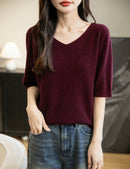 Women's V-Neck Tops 100% Merino Wool Spring Fall Winter First-Line Ready to Wear Seamless New Knit T Shirt Short Sleeve Sweater