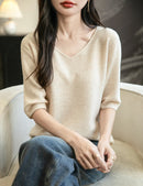 Women's V-Neck Tops 100% Merino Wool Spring Fall Winter First-Line Ready to Wear Seamless New Knit T Shirt Short Sleeve Sweater
