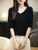 Women's V-Neck Tops 100% Merino Wool Spring Fall Winter First-Line Ready to Wear Seamless New Knit T Shirt Short Sleeve Sweater