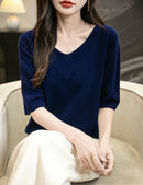 Women's V-Neck Tops 100% Merino Wool Spring Fall Winter First-Line Ready to Wear Seamless New Knit T Shirt Short Sleeve Sweater