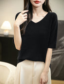Women's V-Neck Tops 100% Merino Wool Spring Fall Winter First-Line Ready to Wear Seamless New Knit T Shirt Short Sleeve Sweater