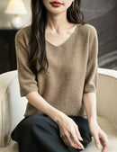 Women's V-Neck Tops 100% Merino Wool Spring Fall Winter First-Line Ready to Wear Seamless New Knit T Shirt Short Sleeve Sweater