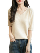 Women's V-Neck Tops 100% Merino Wool Spring Fall Winter First-Line Ready to Wear Seamless New Knit T Shirt Short Sleeve Sweater