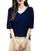 Women's V-Neck Tops 100% Merino Wool Spring Fall Winter First-Line Ready to Wear Seamless New Knit T Shirt Short Sleeve Sweater