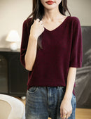 Women's V-Neck Tops 100% Merino Wool Spring Fall Winter First-Line Ready to Wear Seamless New Knit T Shirt Short Sleeve Sweater