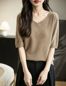 Women's V-Neck Tops 100% Merino Wool Spring Fall Winter First-Line Ready to Wear Seamless New Knit T Shirt Short Sleeve Sweater