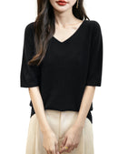 Women's V-Neck Tops 100% Merino Wool Spring Fall Winter First-Line Ready to Wear Seamless New Knit T Shirt Short Sleeve Sweater