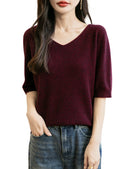 Women's V-Neck Tops 100% Merino Wool Spring Fall Winter First-Line Ready to Wear Seamless New Knit T Shirt Short Sleeve Sweater