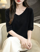 Women's V-Neck Tops 100% Merino Wool Spring Fall Winter First-Line Ready to Wear Seamless New Knit T Shirt Short Sleeve Sweater