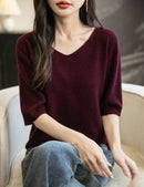 Women's V-Neck Tops 100% Merino Wool Spring Fall Winter First-Line Ready to Wear Seamless New Knit T Shirt Short Sleeve Sweater