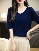Women's V-Neck Tops 100% Merino Wool Spring Fall Winter First-Line Ready to Wear Seamless New Knit T Shirt Short Sleeve Sweater