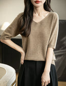 Women's V-Neck Tops 100% Merino Wool Spring Fall Winter First-Line Ready to Wear Seamless New Knit T Shirt Short Sleeve Sweater