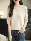 Women's V-Neck Tops 100% Merino Wool Spring Fall Winter First-Line Ready to Wear Seamless New Knit T Shirt Short Sleeve Sweater
