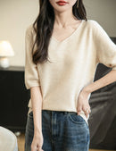 Women's V-Neck Tops 100% Merino Wool Spring Fall Winter First-Line Ready to Wear Seamless New Knit T Shirt Short Sleeve Sweater