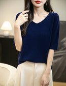Women's V-Neck Tops 100% Merino Wool Spring Fall Winter First-Line Ready to Wear Seamless New Knit T Shirt Short Sleeve Sweater