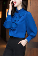Women Blouse Lace Ruffles Chiffon Shirts Clothes Spring Autumn Office Lady Folds Lantern Sleeve Pullovers Elegant Vintage Blouse