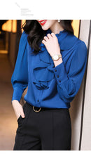 Women Blouse Lace Ruffles Chiffon Shirts Clothes Spring Autumn Office Lady Folds Lantern Sleeve Pullovers Elegant Vintage Blouse