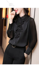 Women Blouse Lace Ruffles Chiffon Shirts Clothes Spring Autumn Office Lady Folds Lantern Sleeve Pullovers Elegant Vintage Blouse
