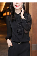 Women Blouse Lace Ruffles Chiffon Shirts Clothes Spring Autumn Office Lady Folds Lantern Sleeve Pullovers Elegant Vintage Blouse