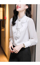 Women Blouse Lace Ruffles Chiffon Shirts Clothes Spring Autumn Office Lady Folds Lantern Sleeve Pullovers Elegant Vintage Blouse