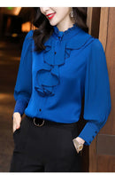 Women Blouse Lace Ruffles Chiffon Shirts Clothes Spring Autumn Office Lady Folds Lantern Sleeve Pullovers Elegant Vintage Blouse