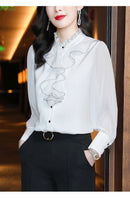 Women Blouse Lace Ruffles Chiffon Shirts Clothes Spring Autumn Office Lady Folds Lantern Sleeve Pullovers Elegant Vintage Blouse