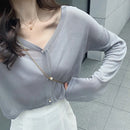 Cardigan Women Long Sleeve Crop Tops Solid Summer Thin Sun-proof Loose Outwear V-neck Knitted Korean Style Girls Elegant Lovely