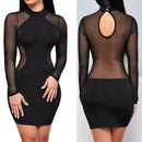 Vestido Mini Feminino Casual com Manga Longa e Renda See Through - Sexy Costas Abertas Verão