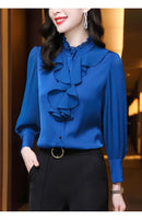 Women Blouse Lace Ruffles Chiffon Shirts Clothes Spring Autumn Office Lady Folds Lantern Sleeve Pullovers Elegant Vintage Blouse