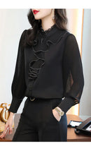 Women Blouse Lace Ruffles Chiffon Shirts Clothes Spring Autumn Office Lady Folds Lantern Sleeve Pullovers Elegant Vintage Blouse
