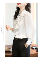 Women Blouse Lace Ruffles Chiffon Shirts Clothes Spring Autumn Office Lady Folds Lantern Sleeve Pullovers Elegant Vintage Blouse