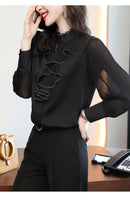 Women Blouse Lace Ruffles Chiffon Shirts Clothes Spring Autumn Office Lady Folds Lantern Sleeve Pullovers Elegant Vintage Blouse