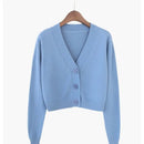 Cardigan Cropped Feminino de Tricô com Decote V e Manga Longa - Estilo Coreano Y2K Verde Azul