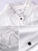Women Blouse Lace Ruffles Chiffon Shirts Clothes Spring Autumn Office Lady Folds Lantern Sleeve Pullovers Elegant Vintage Blouse