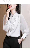 Women Blouse Lace Ruffles Chiffon Shirts Clothes Spring Autumn Office Lady Folds Lantern Sleeve Pullovers Elegant Vintage Blouse