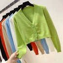Cardigan Cropped Feminino de Tricô com Decote V e Manga Longa - Estilo Coreano Y2K Verde Azul