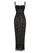 Vestido Longo Feminino com Renda e Decote Quadrado - Elegante Festa Noite