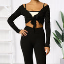 New Women Crop Wrap Tops Solid Color Tie up Hem V-Neck Fitted Long Sleeve Shirt For Club Streetwear Aesthetic Clothes S M L