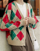 Cardigan Tricô Xadrez Feminino Estilo Coreano - Decote V Outono Inverno 2025