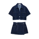 Women Casual Navy Blue Denim Shorts Set V-neck Short Sleeves Cropped Shirt High Waist Solid Color Shorts Skirt Female Suits