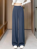 Women Wide Leg Pants Summer High Waist Casual Office Lady Straight Trouser Vintage Comfort Female Pocket All Match Solid Pants