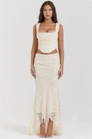 Lace Bandage 2 Piece-Set Long Skirt Female Patchwork Fashion Backless High Waist Elegant Lace-Up Maxi Skirt Sets Outfits