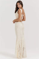 Lace Bandage 2 Piece-Set Long Skirt Female Patchwork Fashion Backless High Waist Elegant Lace-Up Maxi Skirt Sets Outfits