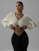 Cropped Tricô Manga Longa Feminino Casual - Decote V Solto Elegante Outono